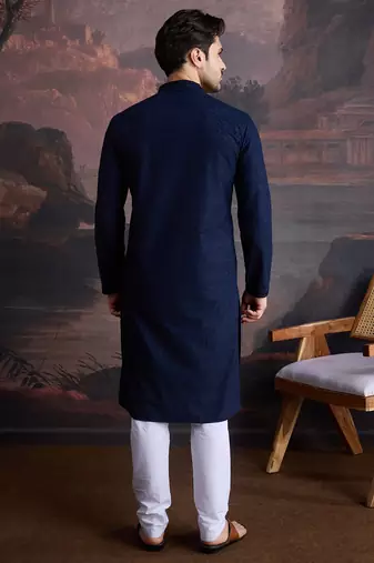 men's cotton chikankari stylish kurta set in blue