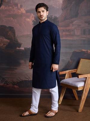 men's cotton chikankari stylish kurta set in blue 3