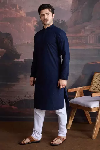 men's cotton chikankari stylish kurta set in blue