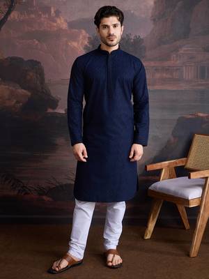 men's cotton chikankari stylish kurta set in blue 4