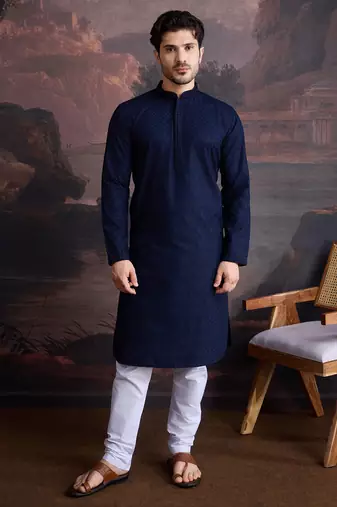 men's cotton chikankari stylish kurta set in blue