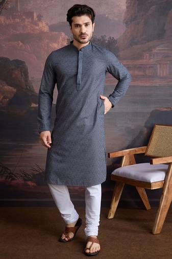 men's cotton chikankari stylish kurta set in grey