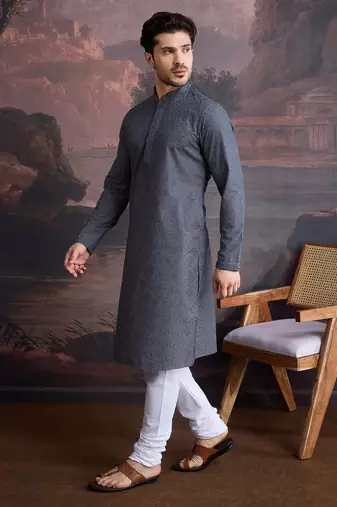 men's cotton chikankari stylish kurta set in kiwi green