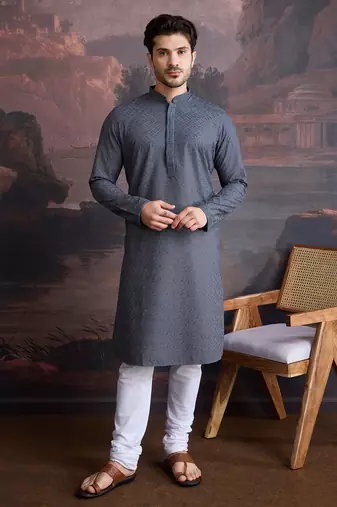 men's cotton chikankari stylish kurta set in kiwi green