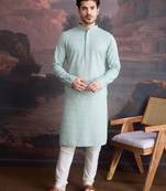 men's cotton light green chikankari stylish kurta set