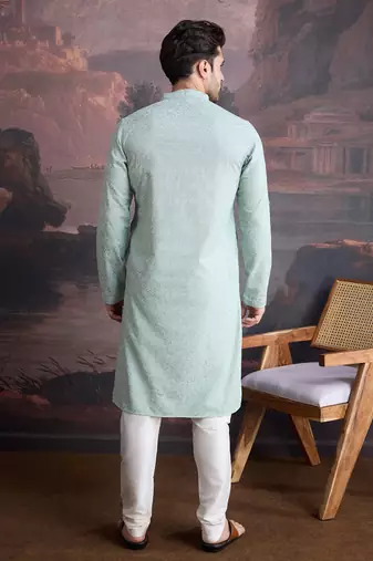 men's cotton light green chikankari stylish kurta set