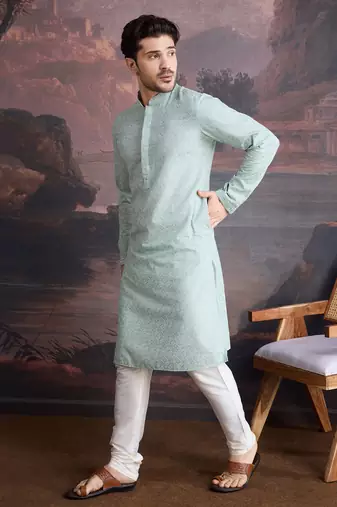 men's cotton light green chikankari stylish kurta set
