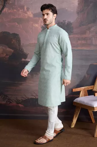men's cotton light green chikankari stylish kurta set