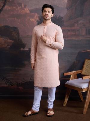men's cotton chikankari stylish kurta set in light pink 1