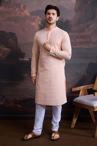 men's cotton chikankari stylish kurta set in light pink