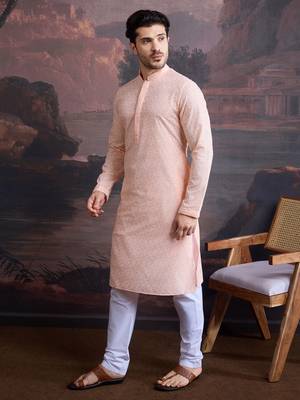 men's cotton chikankari stylish kurta set in light pink 3
