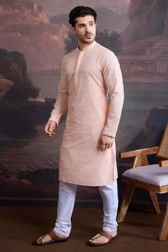 men's cotton chikankari stylish kurta set in light pink