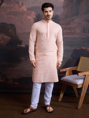 men's cotton chikankari stylish kurta set in light pink 4