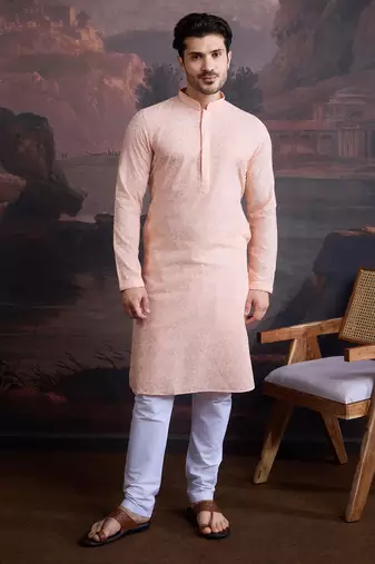 men's cotton chikankari stylish kurta set in light pink