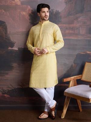 men's cotton chikankari stylish kurta set in light yellow 1