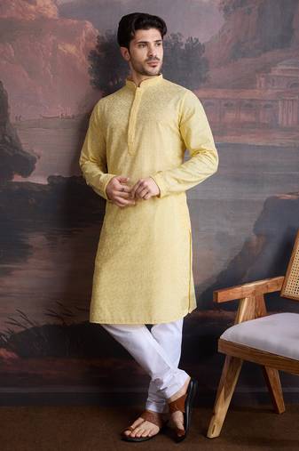 men's cotton chikankari stylish kurta set in light yellow