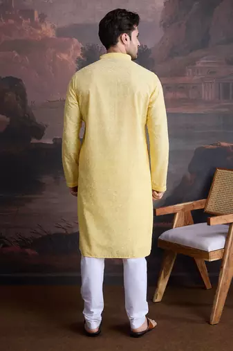 men's cotton chikankari stylish kurta set in light yellow