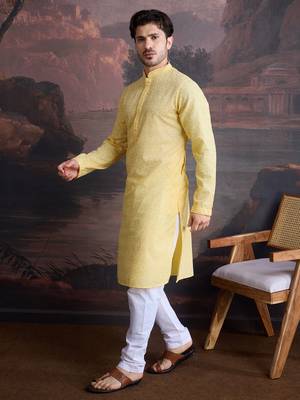 men's cotton chikankari stylish kurta set in light yellow 3
