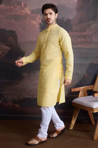 men's cotton chikankari stylish kurta set in light yellow