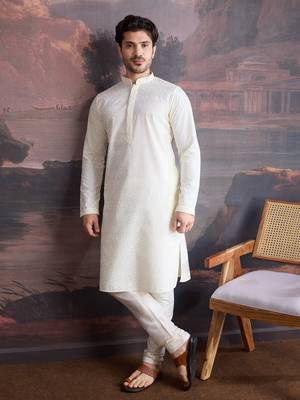 men's cotton chikankari stylish kurta set in off white 1