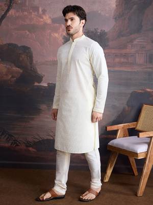 men's cotton chikankari stylish kurta set in off white 3
