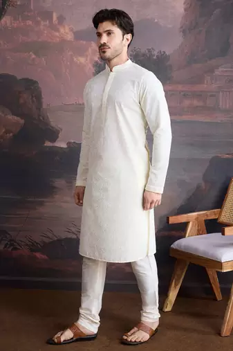men's cotton chikankari stylish kurta set in off white