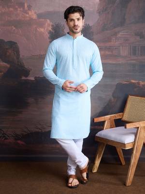 men's cotton chikankari stylish kurta set in sky blue 1