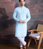 men's cotton chikankari stylish kurta set in sky blue