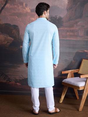 men's cotton chikankari stylish kurta set in sky blue 2