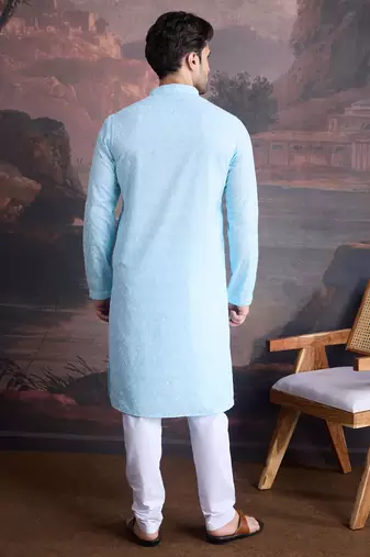 men's cotton chikankari stylish kurta set in sky blue