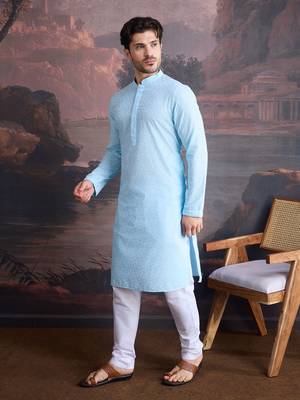 men's cotton chikankari stylish kurta set in sky blue 3