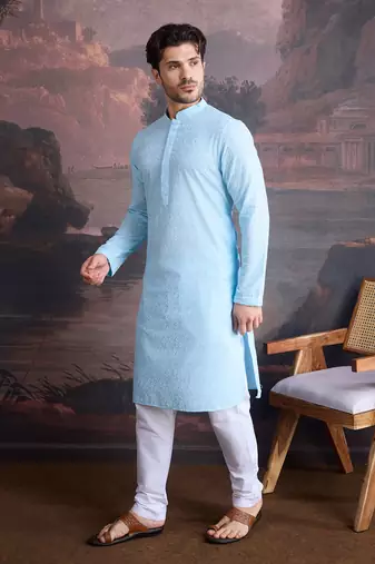 men's cotton chikankari stylish kurta set in sky blue