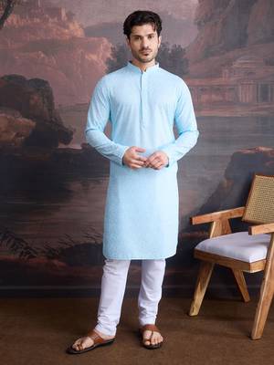 men's cotton chikankari stylish kurta set in sky blue 4