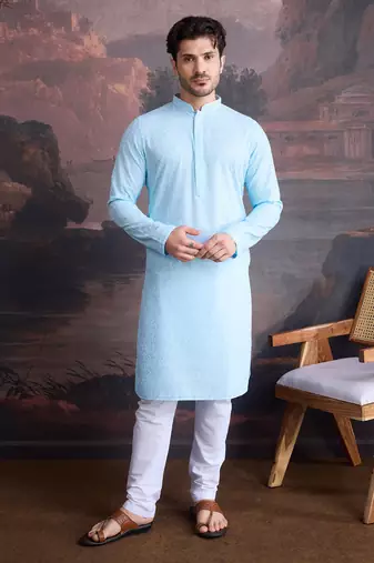 men's cotton chikankari stylish kurta set in sky blue