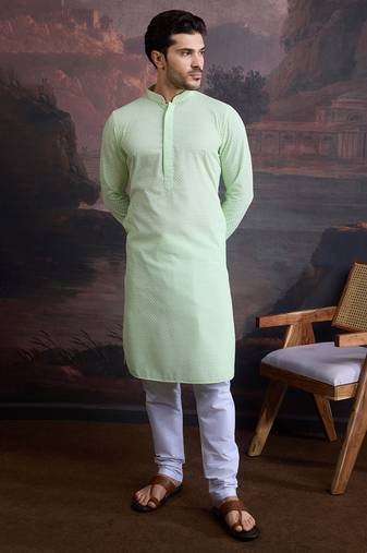 men's cotton  green chikankari stylish kurta set