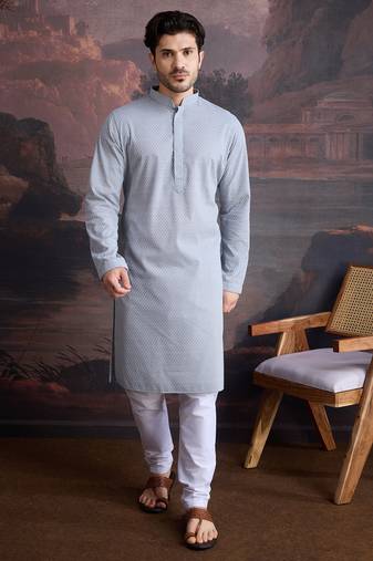 men's cotton chikankari embroidered  kurta set in grey