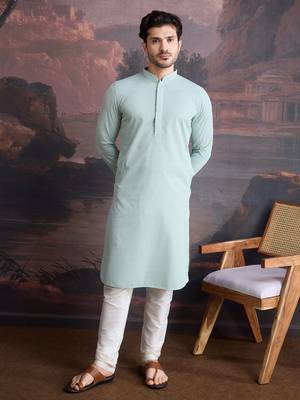 men's cotton chikankari stylish kurta set in light green 1