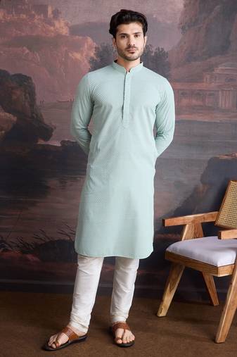 men's cotton chikankari stylish kurta set in light green