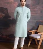 men's cotton chikankari stylish kurta set in light green