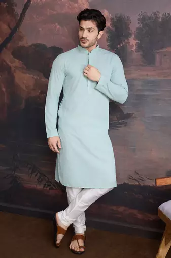 men's cotton chikankari stylish kurta set in light green