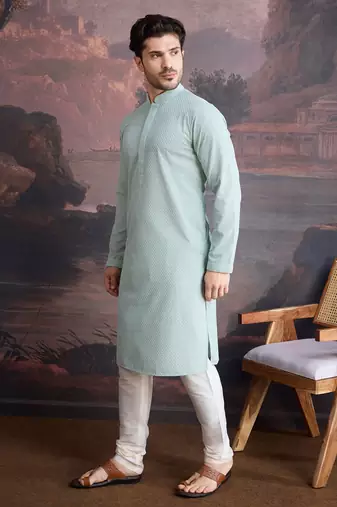 men's cotton chikankari stylish kurta set in light green