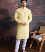 men's cotton chikankari embroidered  kurta set in light yellow