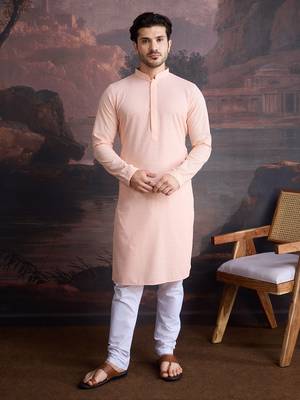 men's cotton chikankari stylish kurta set in peach 1