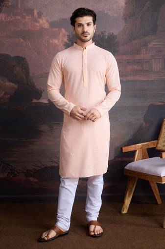 men's cotton chikankari stylish kurta set in peach