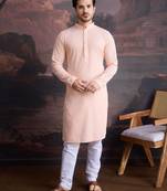men's cotton chikankari stylish kurta set in peach