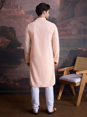 men's cotton chikankari stylish kurta set in peach 2