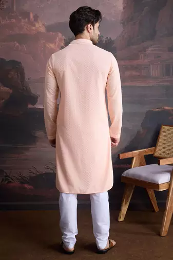 men's cotton chikankari stylish kurta set in peach