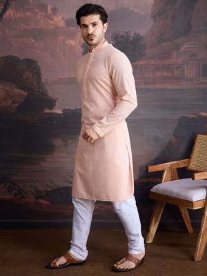 men's cotton chikankari stylish kurta set in peach 3