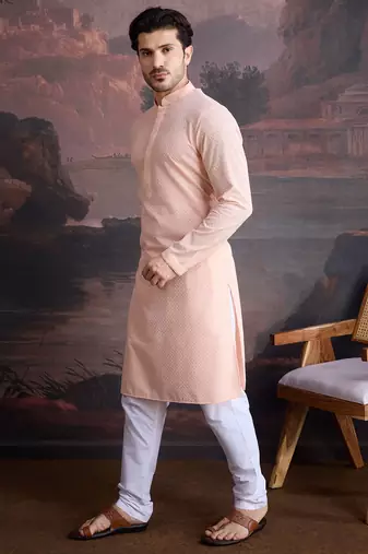 men's cotton chikankari stylish kurta set in peach