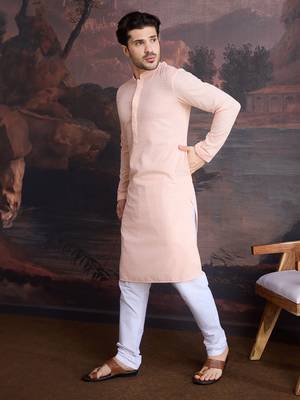 men's cotton chikankari stylish kurta set in peach 4